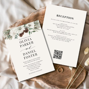 Invitación Boda Evergreen de código QR de invierno