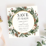 Invitación Boda Evergreen de invierno: salva la fecha<br><div class="desc">La elegante invitación Save the Date, de temática invernal, presenta un marco dorado rodeado de acuarelas verdes, pinos y flores de invierno. Personalice su información o haga clic en "Haga clic en el personalizar más adelante" para editar estilos de fuente, tamaño y colores. Artículos coincidentes disponibles en la tienda Adore...</div>