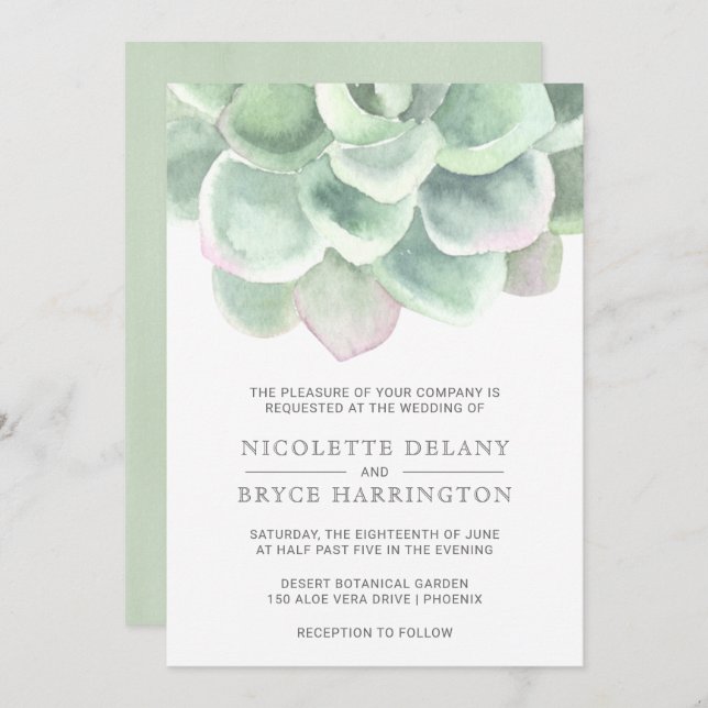 Invitación Boda exitoso de color verde sabio botánico (Anverso / Reverso)