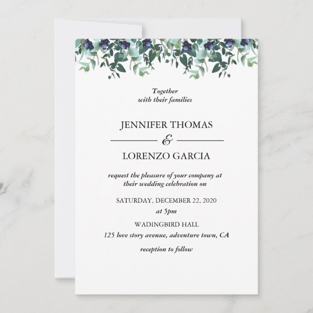 Invitación Boda exitoso de eucalipto azul verde (Anverso)