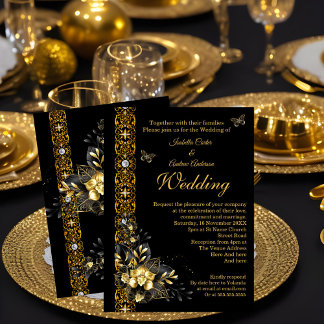 Invitación Boda exótica mariposa floral negro oro