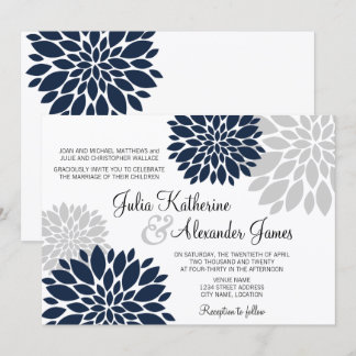 Invitación Boda Explosión Floral Azul Marino y Gris Plateado