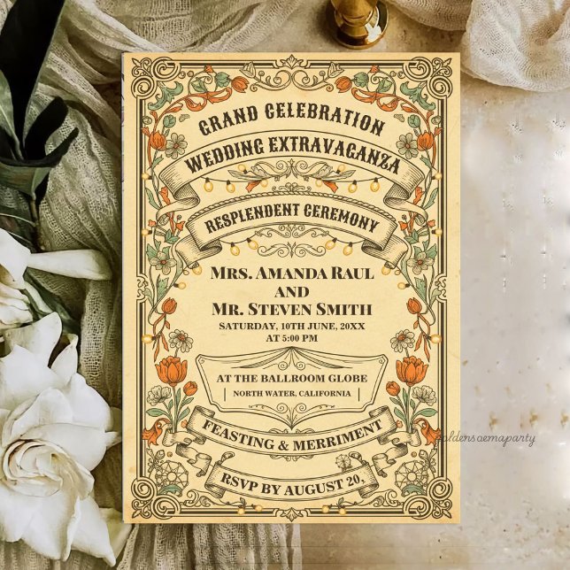 Invitación Boda Extravagante de Feria Campestre Rústica Vinta (Vintage Rustic Country Fair Wedding Extravaganza Invitation)