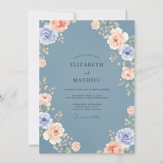 Invitación Boda exuberante de acero azul en primavera (Anverso)