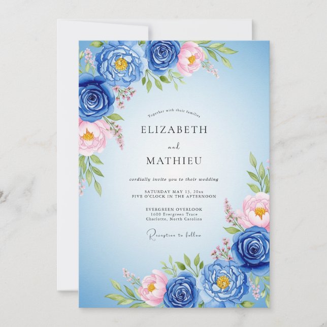 Invitación Boda exuberante de azul real de primavera (Anverso)