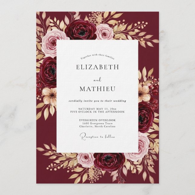 Invitación Boda exuberante de color borgoña (Anverso)