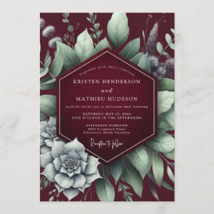 Invitación Boda Exuberante de Suculentas Borgoña