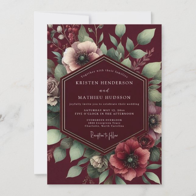 Invitación Boda exuberante en borgoña (Anverso)