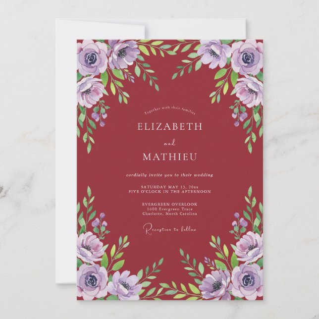 Invitación Boda exuberante floral de Borgoña (Anverso)