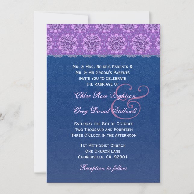 Invitación Boda F329 de las flechas azul y púrpura de la Mari (Anverso)