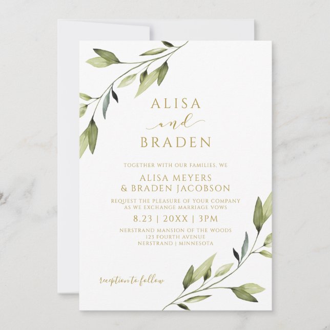 Invitación Boda Fairytale Greenery Gold Watercolor Vines (Anverso)