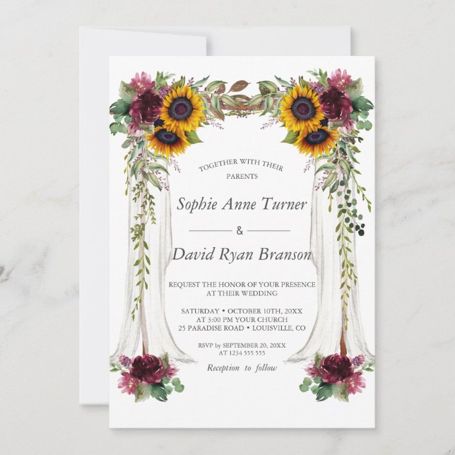 Invitación Boda Fall Burgundy Floral Canopy Sunflowers (Anverso)