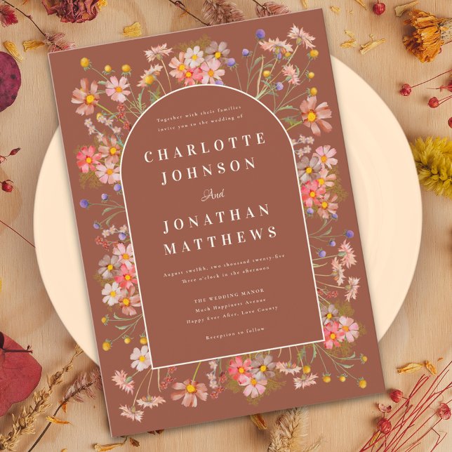 Invitación Boda Fall Terracotta del Arco Elegante de Flor Sil (Wildflower elegant arch terracotta burnt orange fall wedding invitation )