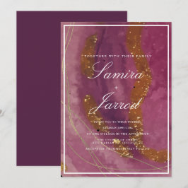Invitación Boda Falso Oro Acuarela Mostaza Púrpura Ágata