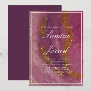 Invitación Boda Falso Oro Acuarela Mostaza Púrpura Ágata