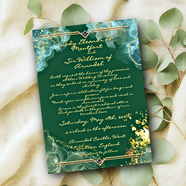 Invitación Boda Fantasía2 Mármol Verde Oro Romántico (Romantic Gold Green Marble Fantasy2 Wedding Invitation)