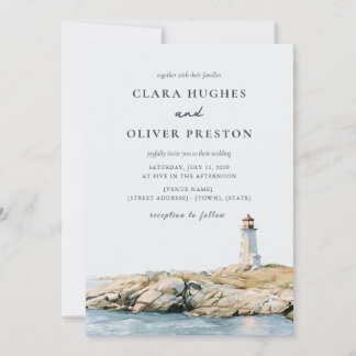 Invitación Boda Faro Script Beige Arena Azul Pizarra
