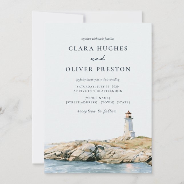 Invitación Boda Faro Script Beige Arena Azul Pizarra  (Anverso)