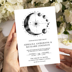 Invitación Boda Fases de Luna Creciente Negro Blanco Celestia