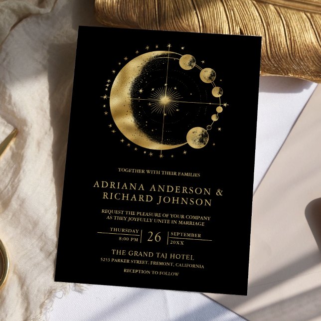 Invitación Boda Fases de Luna Crescente Negro Celestial (Subido por el creador)