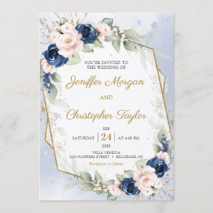 Invitación Boda Faux Gold de la Marina y Rubor Floral Eucalyp