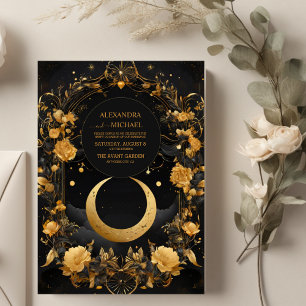 Invitación Boda Faux Oro Luna y Estrellas Celestiales