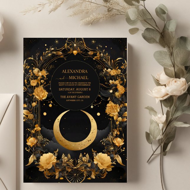 Invitación Boda Faux Oro Luna y Estrellas Celestiales (Subido por el creador)