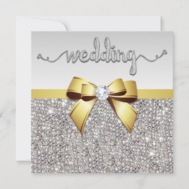 Invitación Boda Faux Silver Sequins Gold Bow (Anverso)