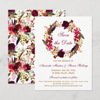 Invitación Boda - Fecha para Guardar - Floral Borgoña, Plumas