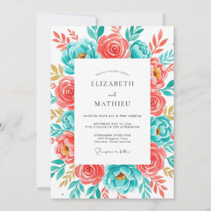 Invitación Boda Feliz Botánico Coral Turquesa
