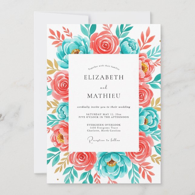 Invitación Boda Feliz Botánico Coral Turquesa (Anverso)