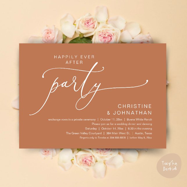 Invitación Boda Feliz Cena de Boda Fiesta Baile (Happily Ever After Romantic Wedding Dinner Party Dancing Modern Clean Invites Card PDF Copper Brown)