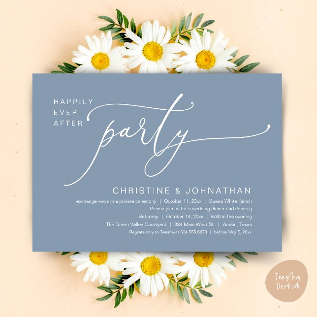 Invitación Boda Feliz Cena de Boda Fiesta Baile (Happily Ever After Romantic Wedding Dinner Party Dancing Modern Clean Invites Card PDF Dusty Blue)