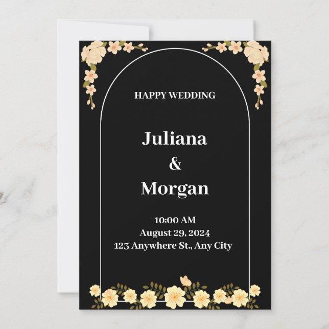 Invitación Boda feliz de flores modernas blancas y negras (Anverso)