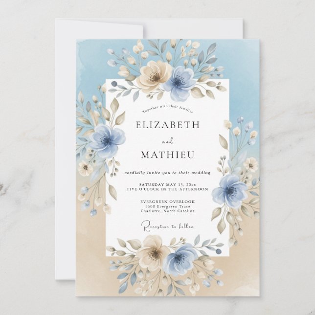 Invitación Boda Feliz Floral Azul Cielo (Anverso)