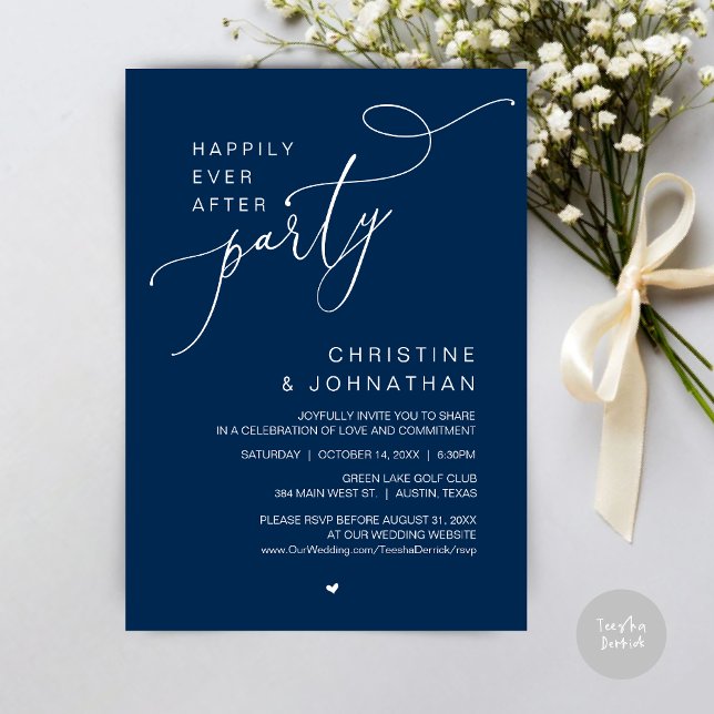 Invitación Boda Feliz para Siempre Cena de Fiesta Bailable (Happily Ever After Wedding Party Romantic Dinner Dancing Invitation Card, PDF, in Navy Blue)