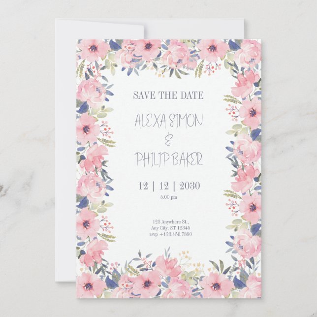 Invitación Boda femenino de acuarela de flores (Anverso)