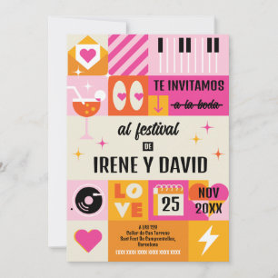 Invitación Boda Festivalera Naranja y Rosa (Spanish language)
