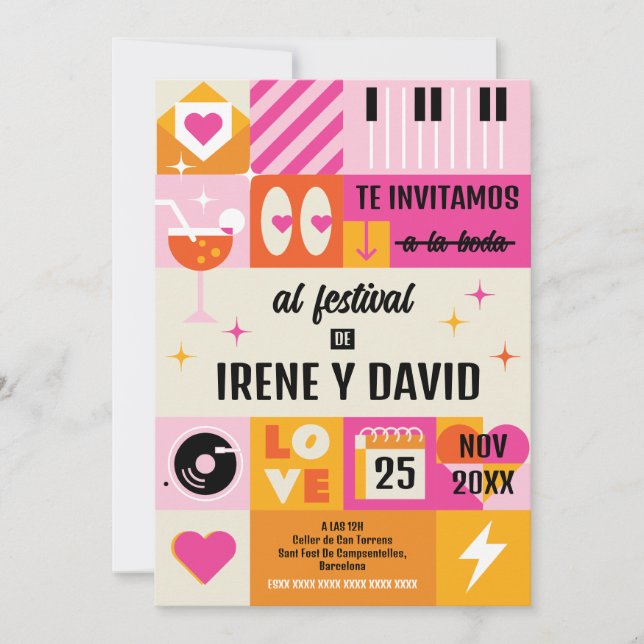 Invitación Boda Festivalera Naranja y Rosa (Spanish language) (Anverso)