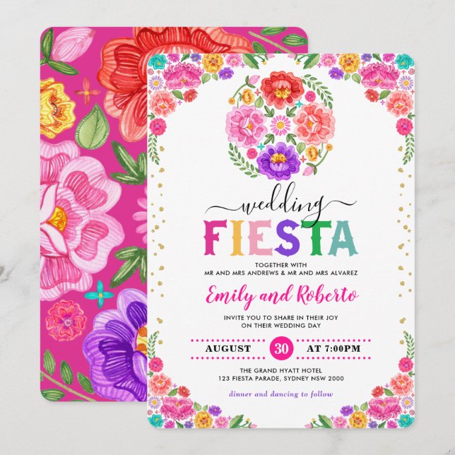 Invitación Boda festivo Fiesta Patrón floral mexicano (Anverso / Reverso)