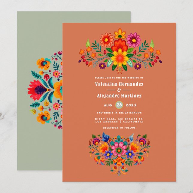 Invitación Boda Fiesta de Arte Popular Mexicano Terracotta &  (Anverso / Reverso)