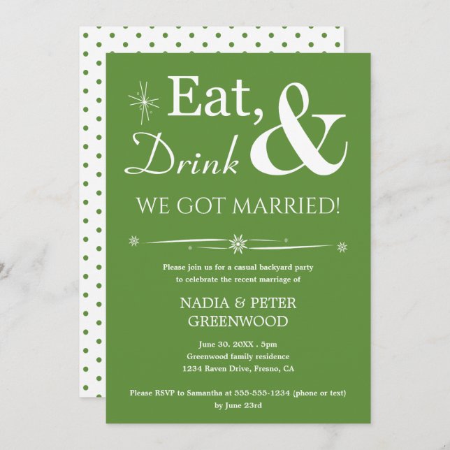 Invitación Boda Fiesta de Elopement Verde Comer Beber Nos Cas (Anverso / Reverso)