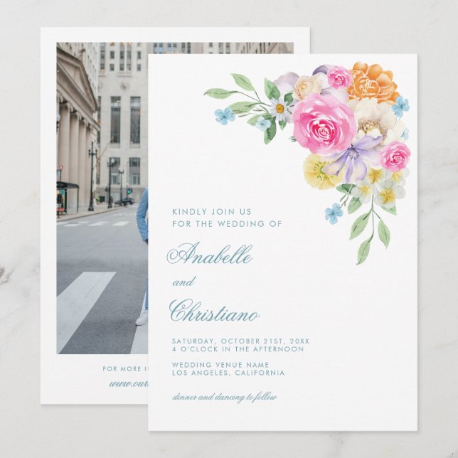 Invitación Boda Fiesta de verano floral de acuarela (Anverso / Reverso)