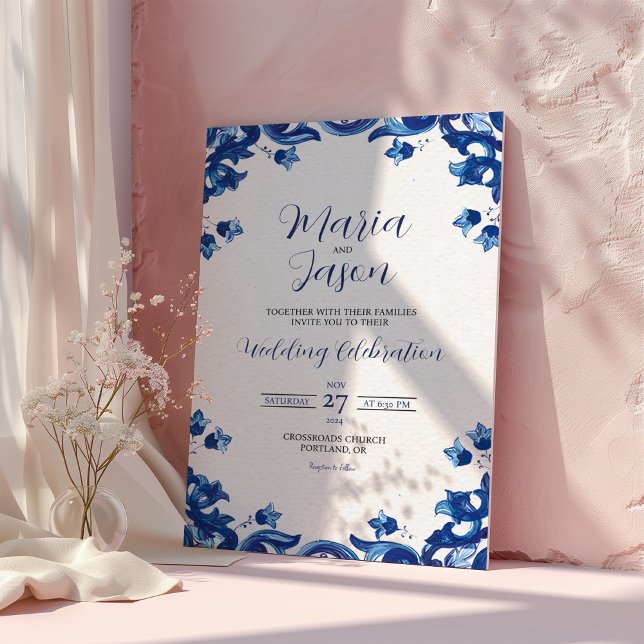 Invitación Boda Fiesta elegante de Floral Azul Mexicana (Mexican Blue Floral Elegant Fiesta Wedding Invitation)