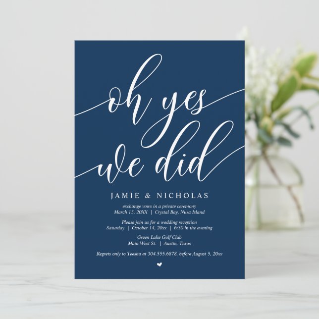 Invitación Boda Fiesta Elopement, Oh Sí, Lo Hicimos, Azul Mar (Anverso de pie)