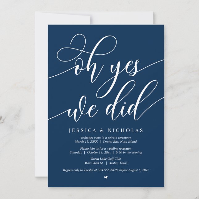 Invitación Boda Fiesta Elopement, Oh Sí, Lo Hicimos, Azul Mar (Anverso)