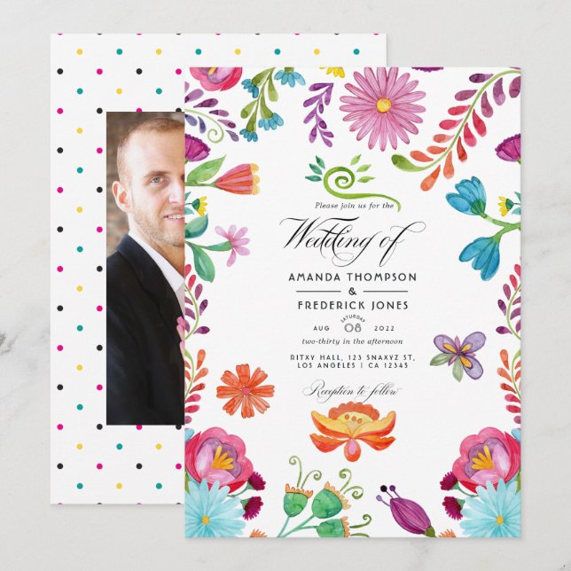 Invitación Boda Fiesta Mexicana Floral Acuarela Foto (Anverso / Reverso)