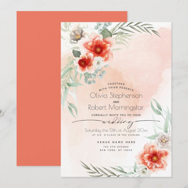 Invitación Boda | Flauta de escarlata acuarela (Anverso / Reverso)
