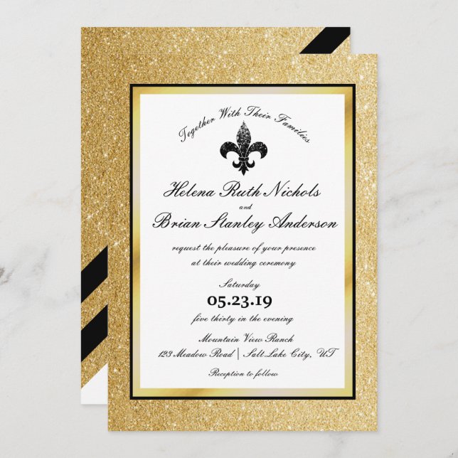Invitación Boda Fleur De Lis Black White Gold Purpurina (Anverso / Reverso)