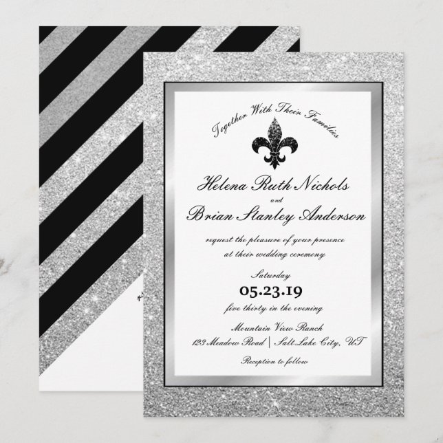 Invitación Boda Fleur De Lis Black White Silver Purpurina (Anverso / Reverso)